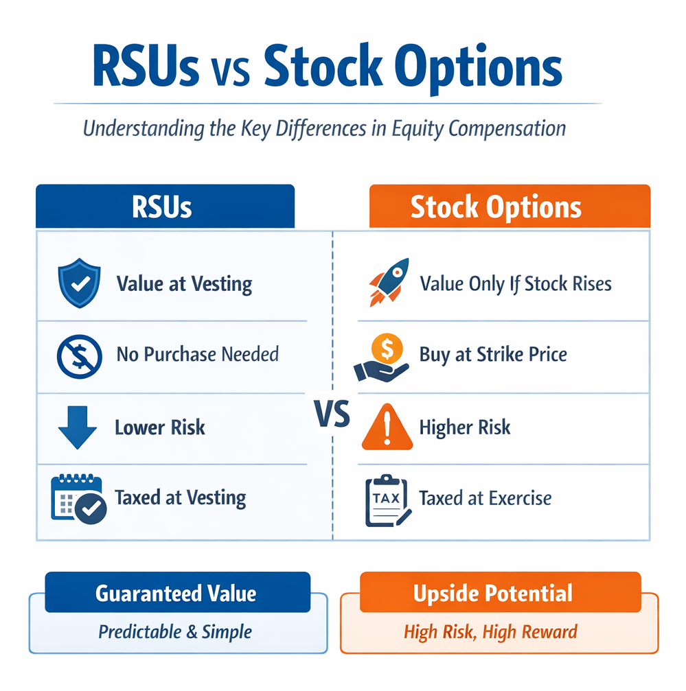 RSUs vs stock options infographic comparing value, risk, and taxation.